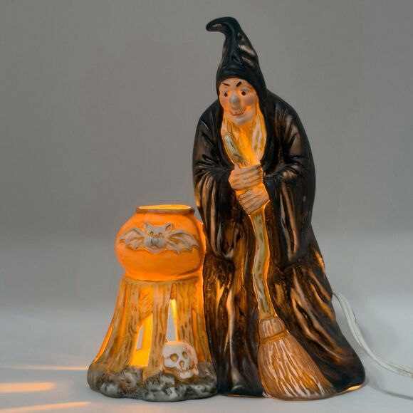 Vintage The Good Company Halloween Witch Ceramic Lighted Cauldron Broom - Picture 5 of 7